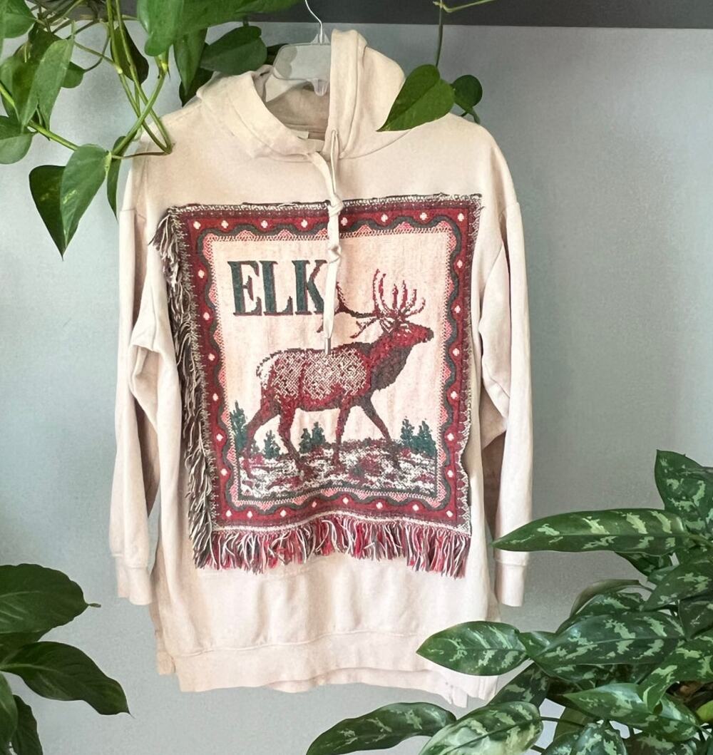 Elk tapestry hoodie with fringe, reworked sweatshirt & woven blanket, Sz Sm/M